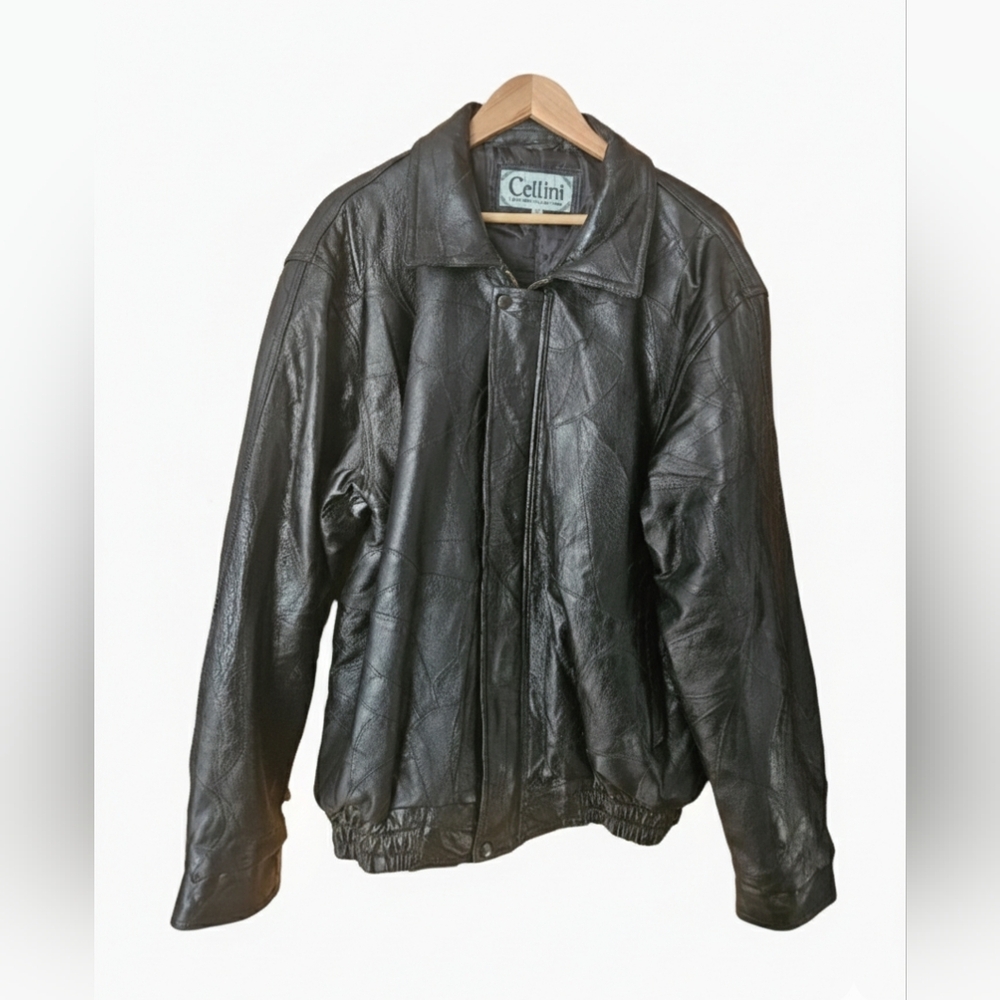 Vintage Cellini Black Patchwork Leather Bomber Jacket | Men’s XL | 90s Retro